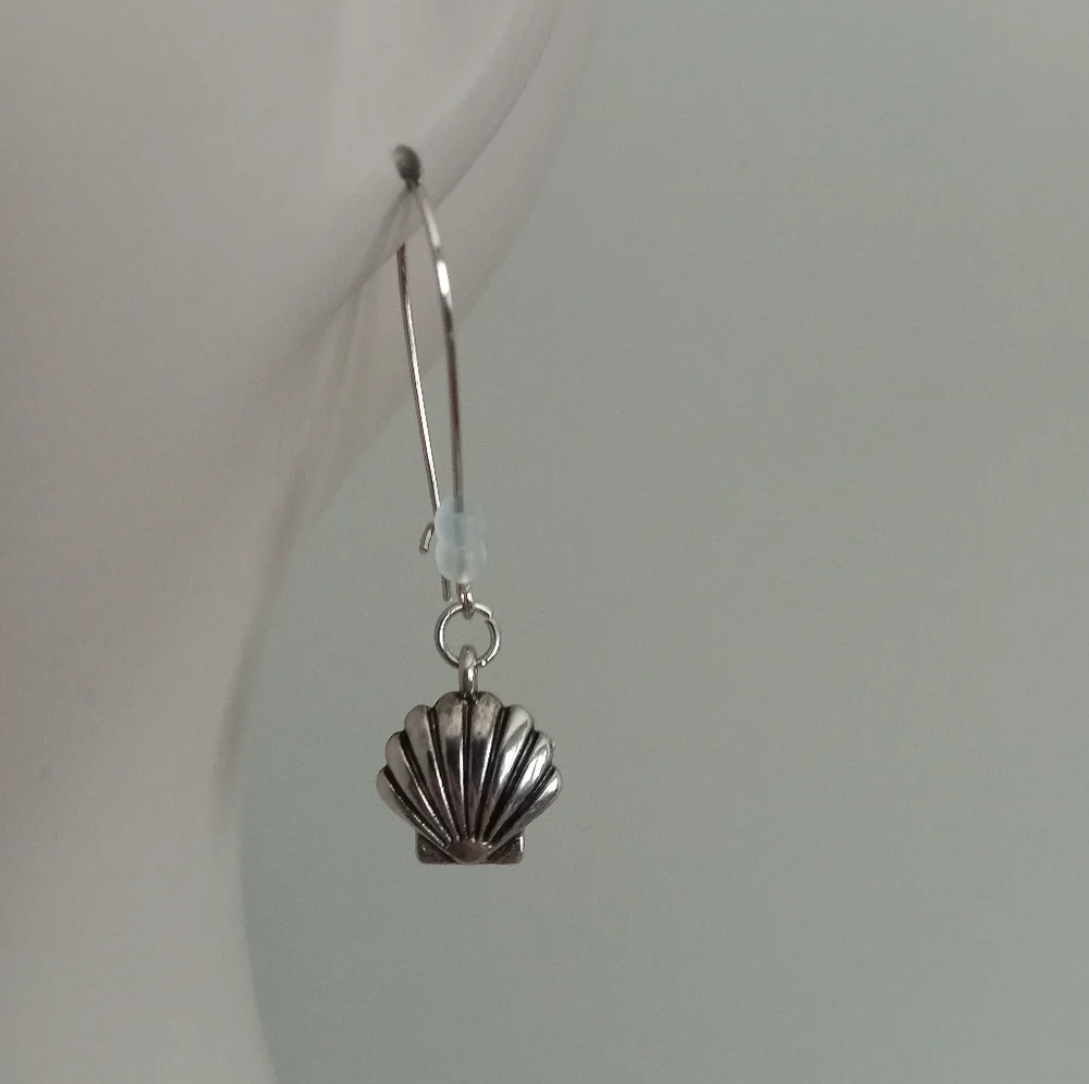 hand crafted Silver plated seashell sea glass dangling statement earrings